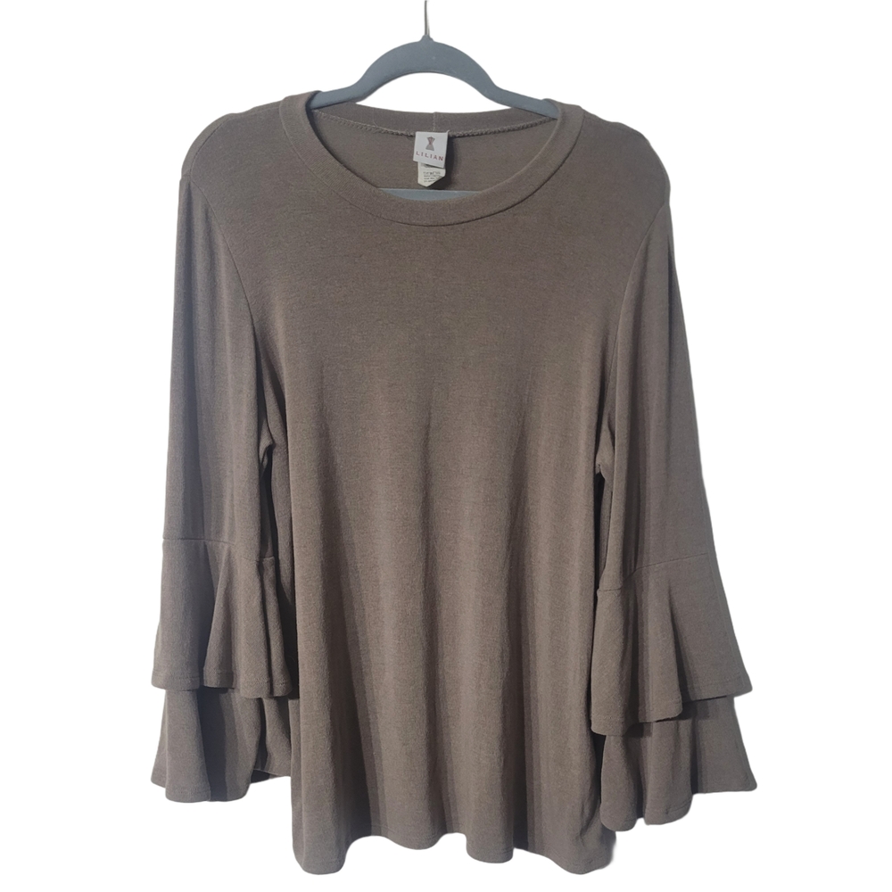 Lilian Light Brown Flutter Sleeve Ruffled Top Size 3X